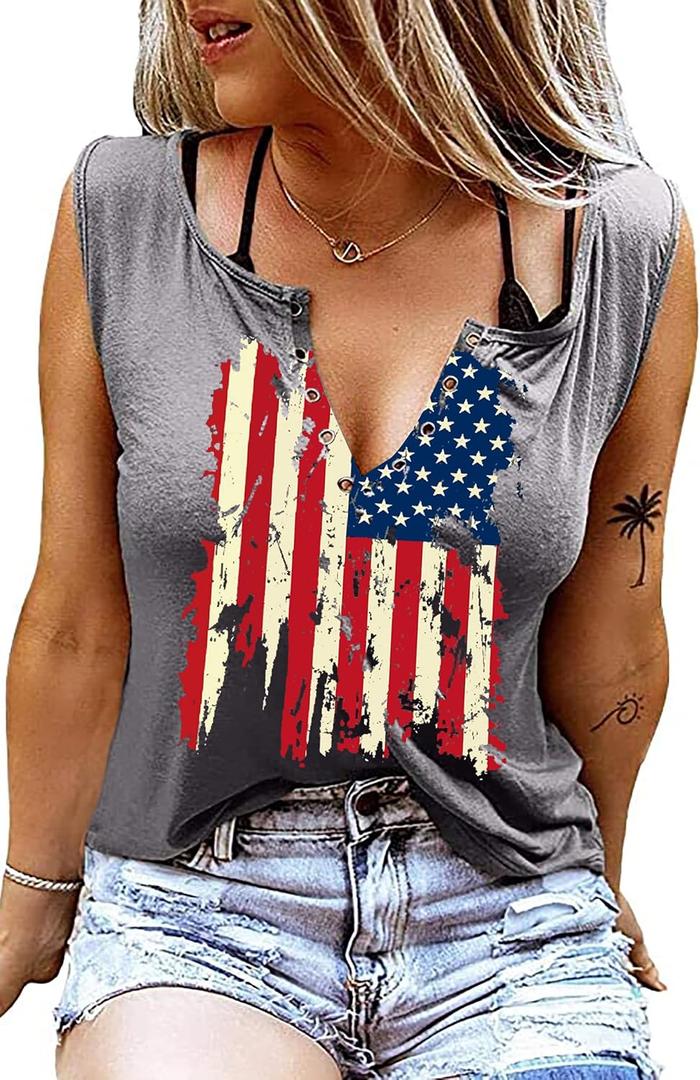 MAIHUN American Flag Tank Tops for Women 4th of July Shirts Ring Hole Sleeveless V-Neck T-Shirt Patriotic Tees (Gray, S)