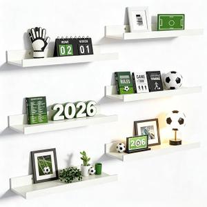 upsimples Floating Shelves for Wall, Wall Shelves for Decor Storage Set of 6, Wall Mounted Wood Shelf for Bedroom, Living Room, Bathroom, Kitchen, Picture Ledge Shelf, White, 15.7"