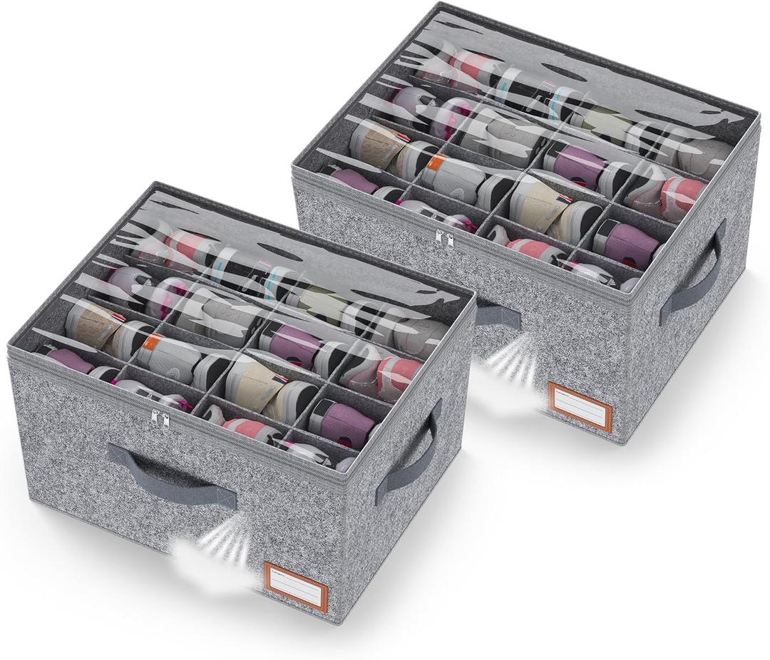Adjustable Storage Bins for Closet, Wardrobe Clothes Organizer, Shoe Bin, Shoe Organizer, Toys, Closet Storage Solution with Clear Window (Felt Grey 32Pairs, 32Pairs)