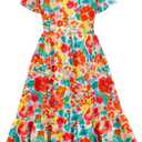 LQSZ Girls Maxi Summer Dress with Pocket Short Sleeve Spring Boho Long Sundress Casual School for Kids Size 3-12 Years (5-6 Years, Red Floral)