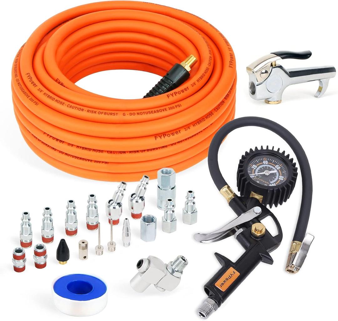 22 Pieces Air Compressor Accessories kit, 3/8 inch x 50 ft Hybrid Air Compressor Hose Kit, 1/4" NPT Quick Connect Air Fittings, Tire Inflator Gauge, Heavy Duty Blow Gun, Swivel Plugs