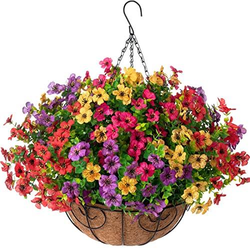 HyeFlora Artificial Faux Hanging Plants Flowers Basket for Summer Outdoor Outside Decoration, Fake Silk UV Sun Resistant Look Real Colorful Daisy Eucalyptus for Porch Home Patio Balcony Yard 