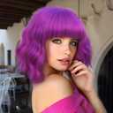 Earfodo Short Hot Pink Wave Wig for Women HotPink Wigs with Bangs 14Inch Rose Pink Hair Synthetic Cosplay Wigs for Halloween Cosplay Daily Party Use