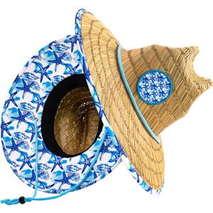 grinderPUNCH Lifeguard Hat Mens Straw Sun Hat for Outdoor American Flag USA Patriotic Straw Beach Fishing Straw Hat for Men (One Size, White & Blue Floral)