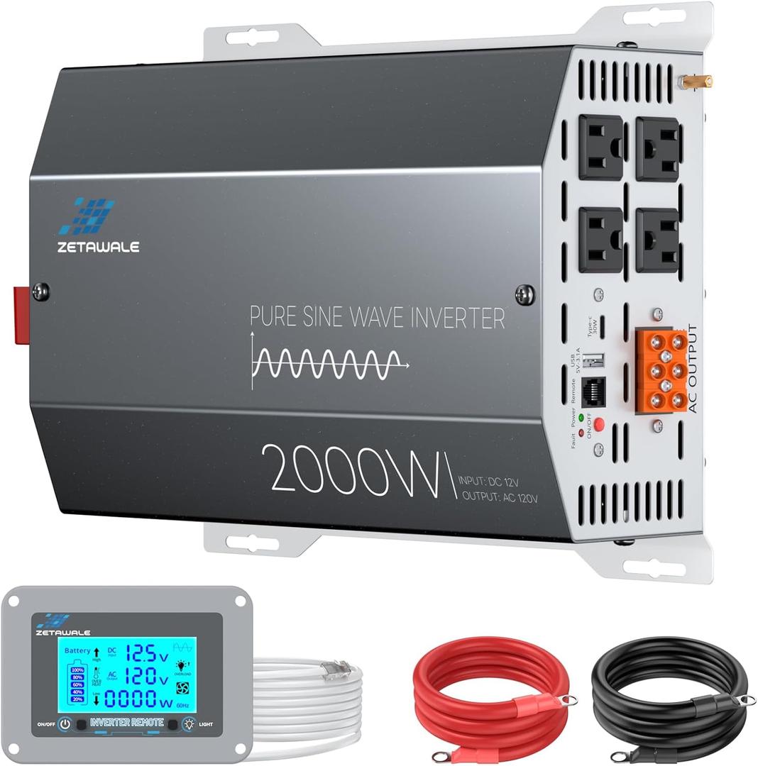 2000 Watts Pure Sine Wave Inverter 12V DC to 110V/120V AC Converter, 4000W Peak, LCD Remote Control, 4 AC Outlets, USB & Type-C  for RV, Truck, Off-Grid Solar, Emergency Power Backup