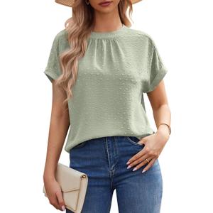 Work Blouses for Women Dressy Casual Swiss Dots Short Sleeve Tops Chiffon Business Casual Summer Tops (Large, Light Green)
