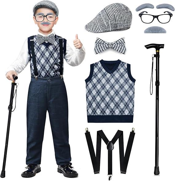 Kids 100 Days of School Costume Boys-Halloween Grandpa Old Man Costume with Accessories for 100th Day of School Party, Size 110