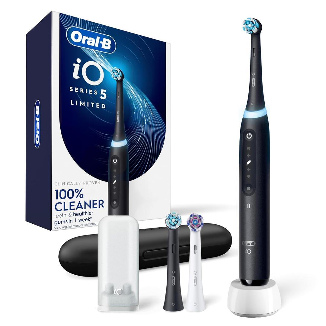 Oral-B iO Deep Clean + Whiten Rechargeable Electric Toothbrush with Visible Pressure Sensor, 2 Minute Timer, 5 Cleaning Settings, 1 iO5 Limited, 3 Toothbrush Heads, Travel Case & Refill Holder, Black