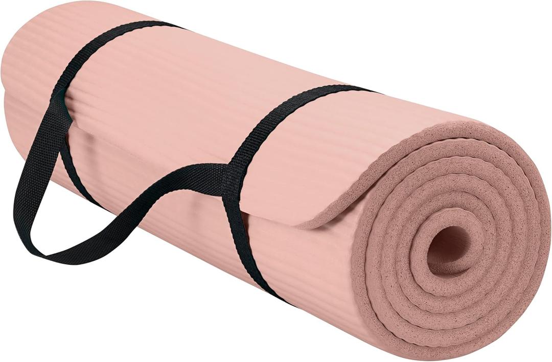 Gaiam Essentials 2/5" Thick (10mm) Yoga & Pilates, Fitness & Exercise Mat with Easy-Cinch Carrier Strap Cusion Support For Fitness and Gym Workouts (French Rose)