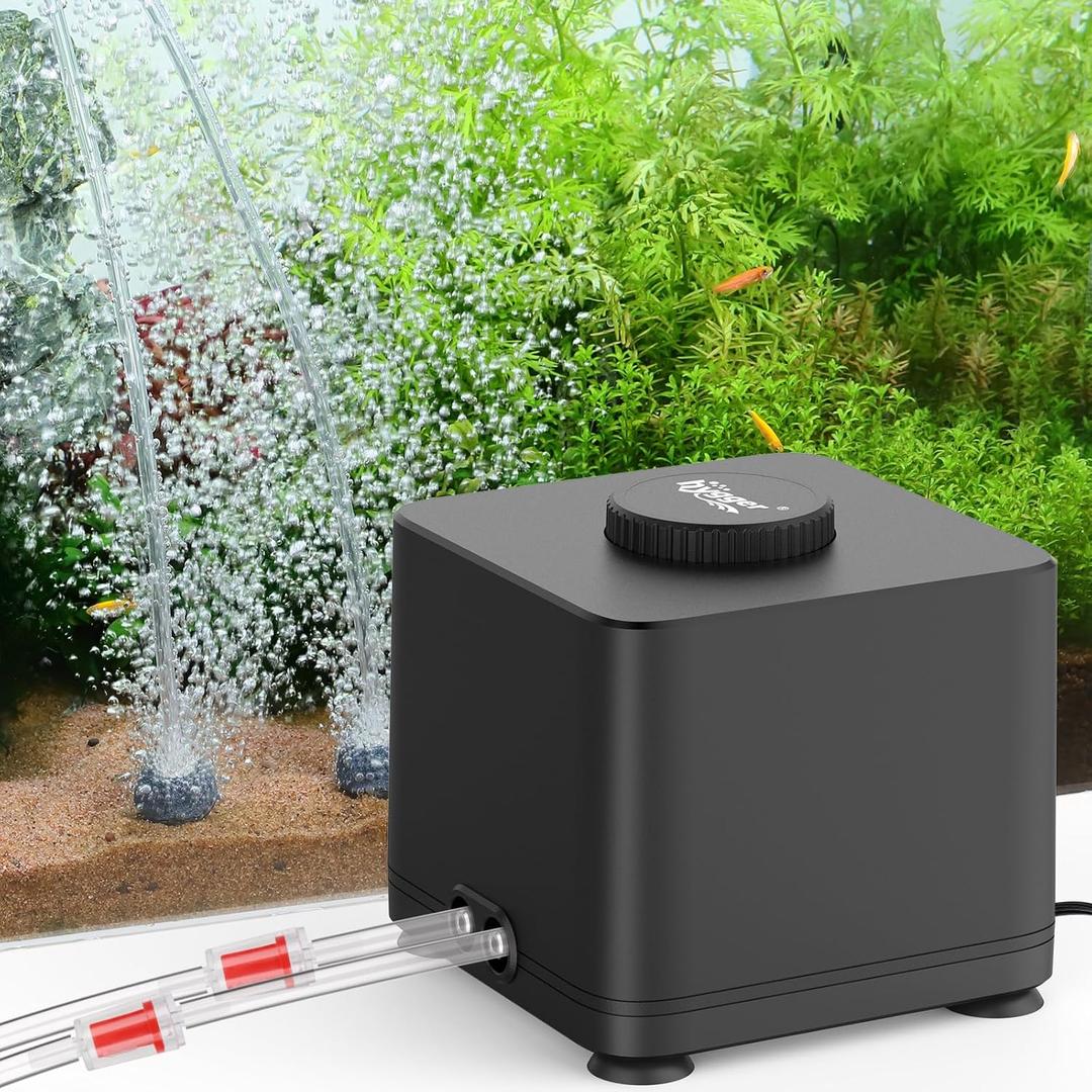 hygger Aquarium Air Pump, Quiet Adjustable Fish Tank Air Pump, 4W/7W/11W Powerful Oxygen Aerator Dual Stainless Steel Outlets with Air Stone Bubbler for Small Medium Large Fish Tank, Hydroponic