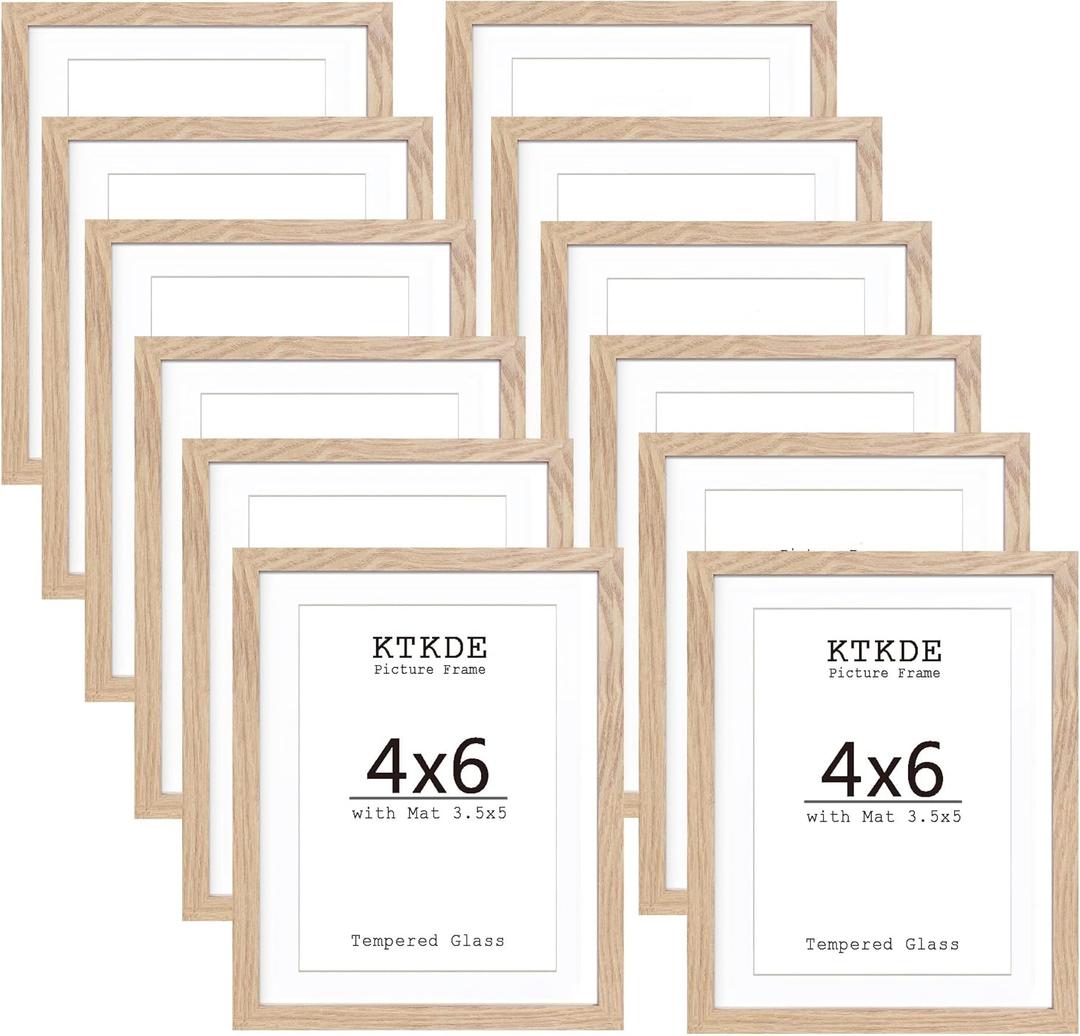 KTKDE 4x6 Picture frame Set of 12,Nature Woodgrain Photo Frame 3.5x5 mat or 4x6 Without Mat, 4 by 6 Tempered Glass small picture frames for Wall or Tabletop Home Decor best gift