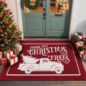 Christmas Doormat with Non Slip, Loop Pile Red and White Indoor Welcome Mat with Absorbent & Dirt-Trapping, Christmas Trees Truck Pattern, Porch Decor Outdoor Front Door Mat 32x48 Inch
