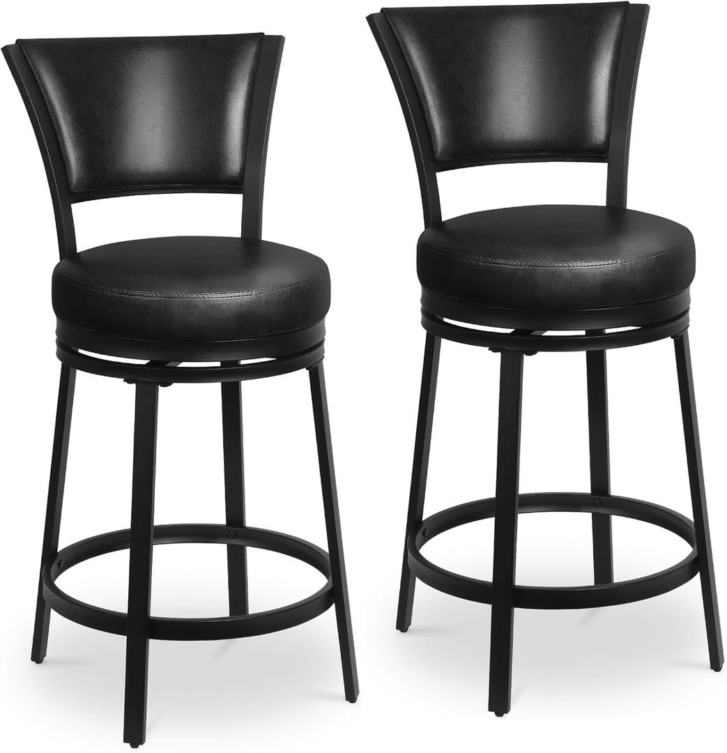 Bar Stools, 25 Inch Metal Counter Height Barstools Set of 2, Faux Leather Round 360 Swivel Bar Chairs with Backrest, Modern Swivel Bar Stool for Kitchen Island, Black