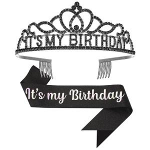 Birthday Tiara and Crown with Sash, Birthday Tiara for Women Party Black