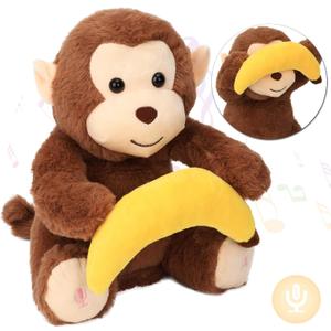Hopearl Peek A Boo Monkey with Banana Interactive Repeats What You Say Plush Toy Musical Singing Talking Stuffed Animal Adorable Electric Animate Birthday Festival, Brown, 11''