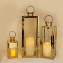 Allgala 3-PC Lantern Set 23 Inch Jumbo Deluxe Modern Indoor/Outdoor Candle Lantern Set Stainless Steel Frame Tempered Glass Rectangular Gold Color for Garden Poolside Fireplace Wedding