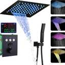 Shower Faucet Set 64 Color LED Thermostatic Shower System Black Digital Display Rainfall Shower System Ceiling Mounted Shower Complete Combo Set with 12 Inch 2 Functional Shower Head