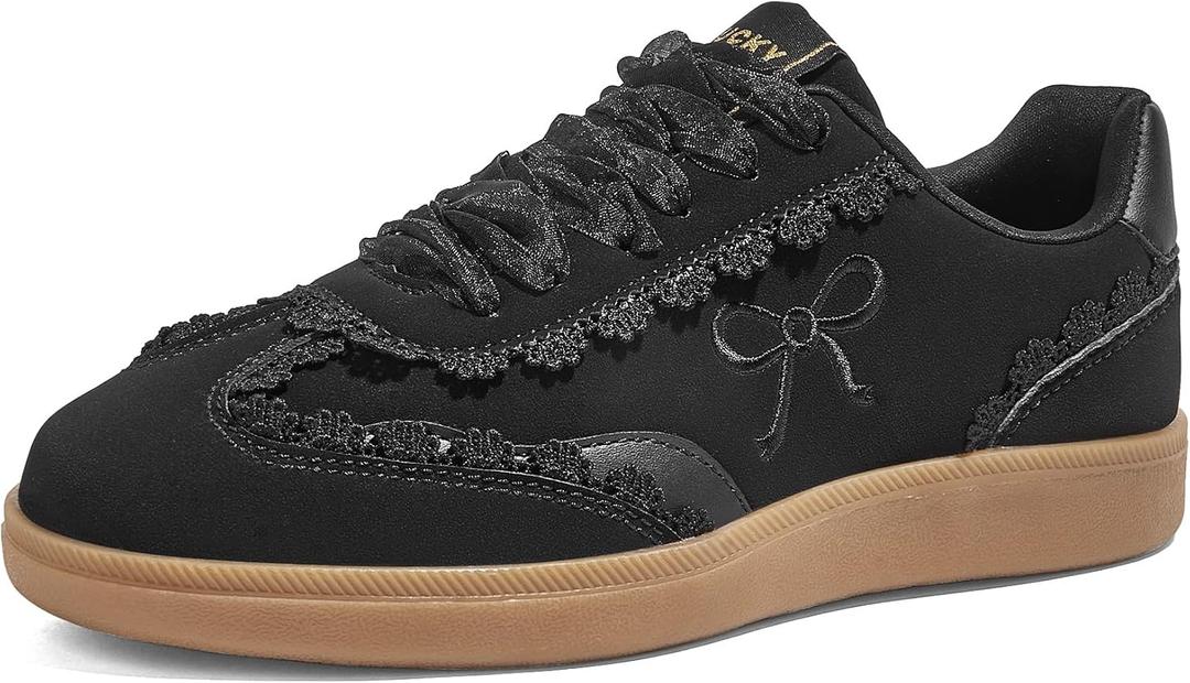 LUCKY STEP Women’s Lace Detail Casual Sneakers Organza Ribbon Lace-Up Fashion Vintage Gum Sole Trendy Cute Shoes(Black,7)
