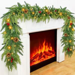 Prelit 50LED - 9 Ft by 12 Inch Christmas Garland with Lights Timer, Real Touch Norfolk Pine Cedar Garland 150 Cypress & 50 Norfolk PE Tips Berries Pine Cones for Indoor Fireplace Mantle Table Decor