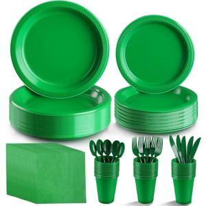 Green Party Supplies, Green Disposable Plates, including Green Plastic Plates and Napkins, Plastic Cutlery, and 12OZ Cups for Engagement, Wedding, Birthday St Patrick's Day, serving 25 Guests