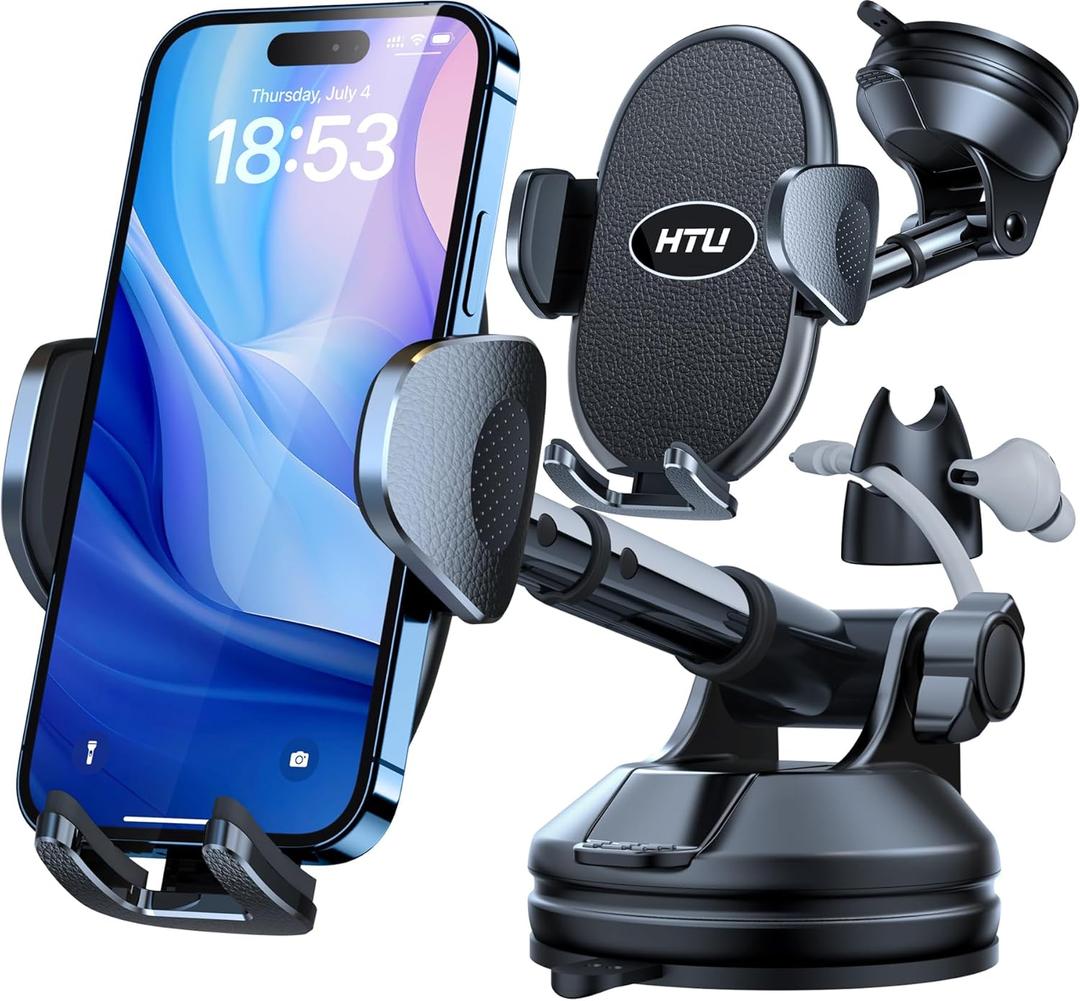 HTU Military-Grade Suction 2025 Cell Phone Holder for CarFlexible Telescopic Arm Car Phone Mount Stand for Dashboard Windshield for iPhone 16 Pro Max 15 14 13 12 Samsung Truck Jeep, Black