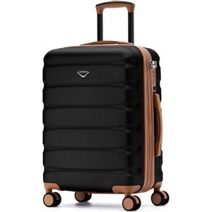 Flight Knight 24x16x10 Expandable Carry On Suitcase Hard side TSA Lock USB C Lightweight Luggage Silent Double Spinner Wheels Maximum Overhead Carry-On Bag For Virgin South West Approved Black/Tan