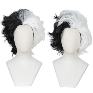 Linfairy Half White and Half Black 2 Tone Wig Halloween Costume Cosplay Wig for Women