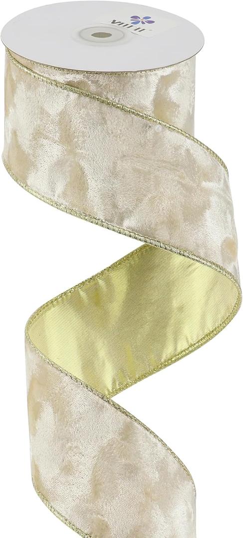 MEEDEE Ivory Velvet Ribbon with Gold Back 2.5 inch 10 Yards Double Sided Christmas Wired Ribbon for Christmas Tree Decoration, Baskets, Wreaths, Holiday Projects, Wedding Decor and Accents