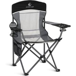 ALPHA CAMP Oversized Mesh Back Camping Folding Chair Heavy Duty Support 350 LBS Collapsible Steel Frame Quad Chair Padded Arm Chair with Cup Holder Portable for Outdoor (Black/Grey)