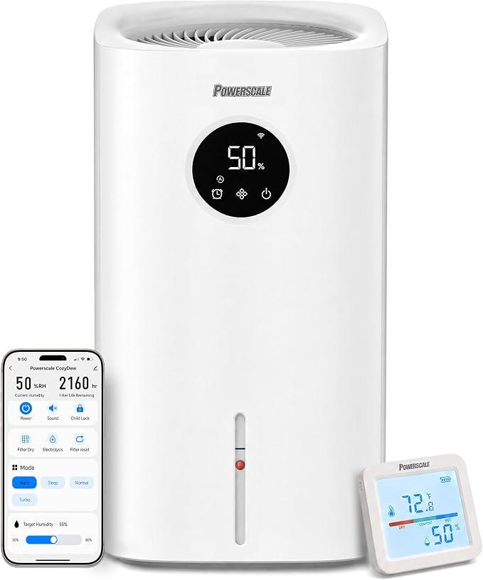 Powerscale CD600 6L Smart Evaporative Humidifier, Separate Humidity Sensor
700 mL/h for up to 700 sq ft, top-fill tank, elevated wick, 60-minute Filter Dry, Electrolysis Self-Clean, Wi-Fi app control