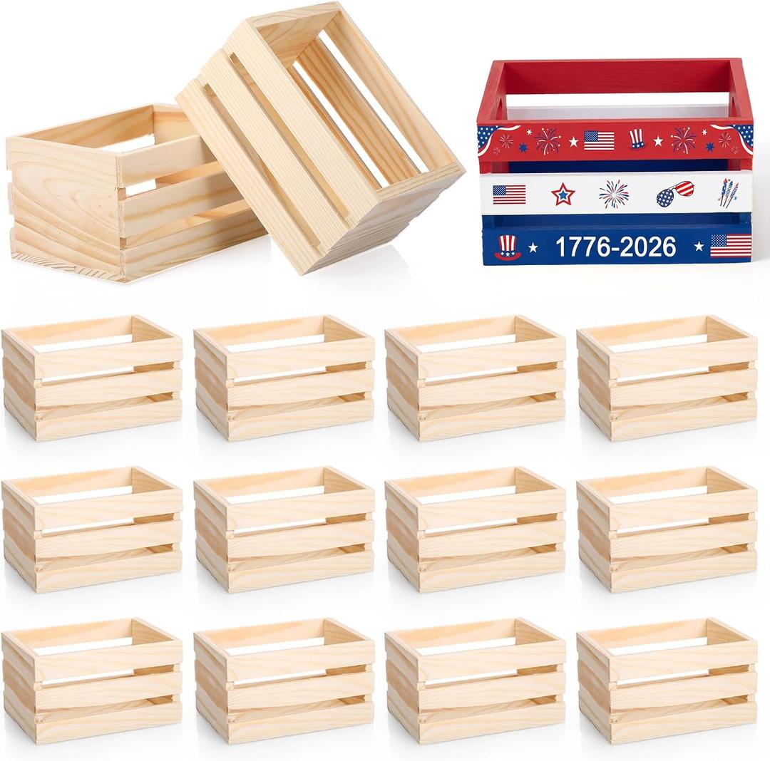 Roowest 12 Pcs 6.5'' Small Wooden Crates for 4th July 250th Anniversary DIY Crafts Unfinished Wood Crate Basket for Party Decoration Display Home Bathroom Arts Milk Toys Organization