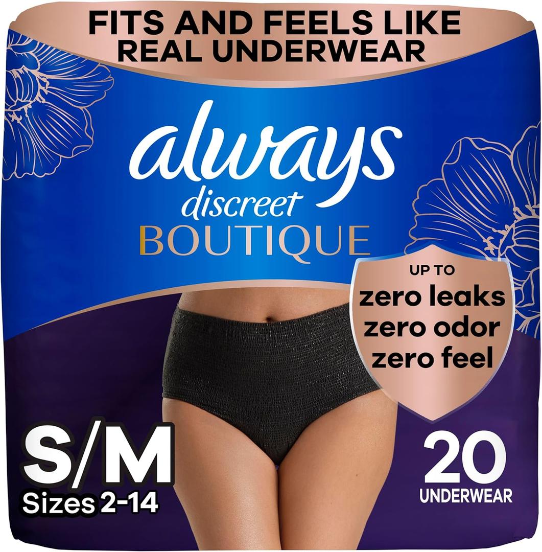 Always Discreet Boutique Incontinence and Postpartum Underwear for Women, Maximum Protection, Small/Medium, Black, 20 Count