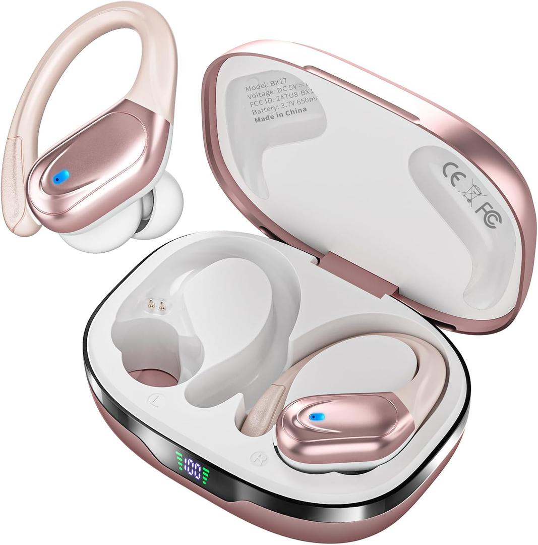 Catitru Wireless Earbuds Bluetooth Headphones 80H Playback Ear Buds Power Display with Noise Canceling Mic with Earhooks for Sports/Workout - Rose Gold