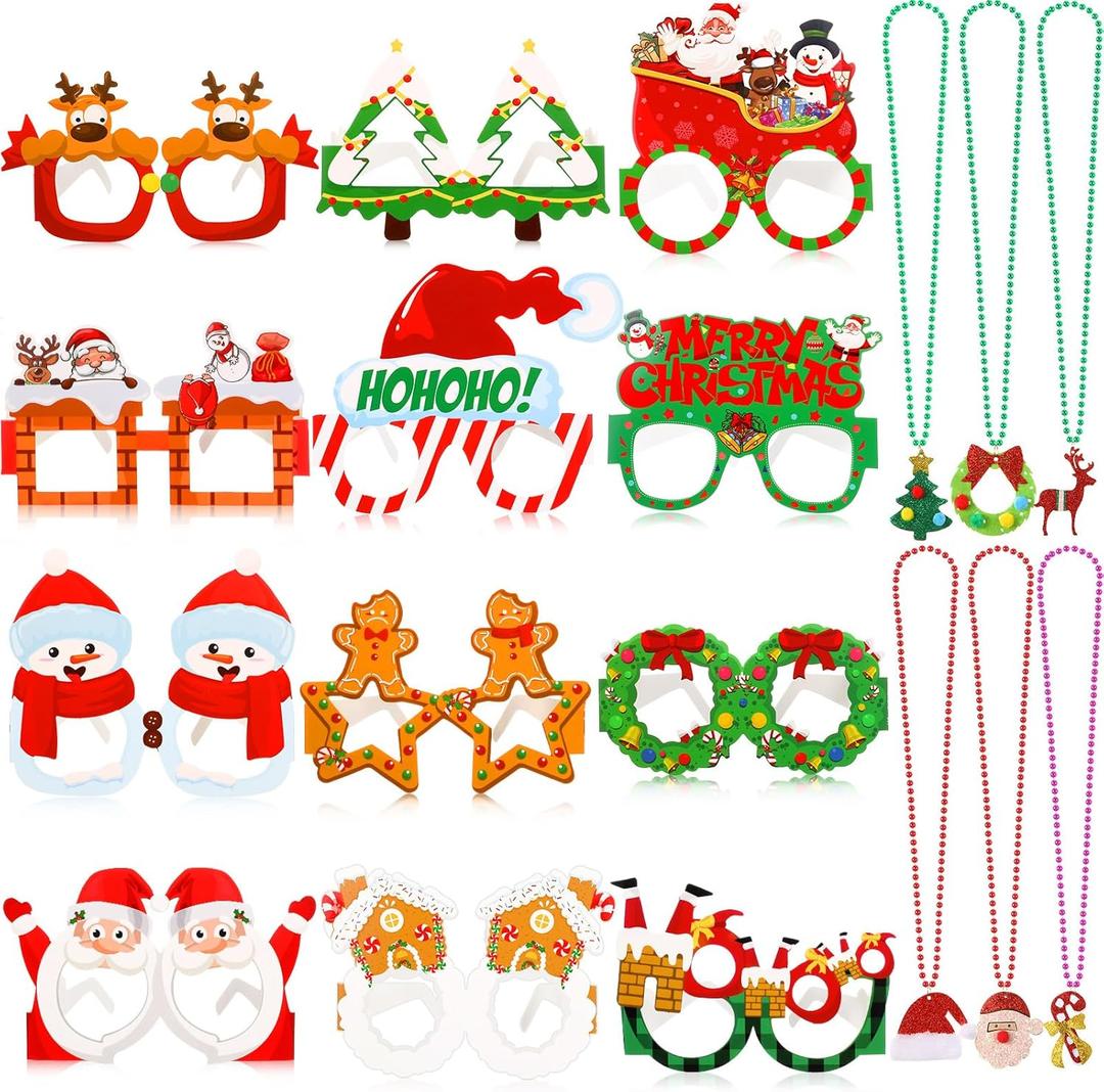 42 Pcs Christmas Paper Eyeglasses and Christmas Novelty Bead Necklace Green Cosplay Glasses for Adults Party Favor Accessories Photo Props for Party Supplies