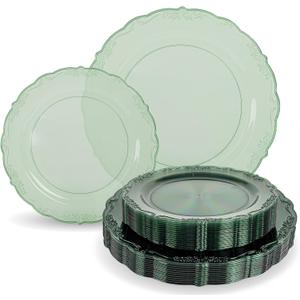 Tinybee 60PCS Clear Green Plastic Plates - Green Plates Disposable Heavy Duty - Disposable Plastic Plate for Party, Weddings Including Including 30 Dinner Plates 10 '' & 30 Dessert Plates 7.5 ''