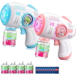 Bubble Guns for Kids 4-8, 2 Pack Automatic Bubble Blaster with LED Light & 14 Bubble Solution, Bubble Gun for Toddlers Outdoor Summer Toys