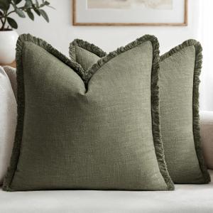 MIULEE Decorative Throw Pillow Covers Neutral Linen Fringe Throw Pillows Set of 2 Olive Green Boho Farmhouse Cushion Covers with Tassels for Couch Sofa Bed Living Room Spring Home Decor 18x18 Inch