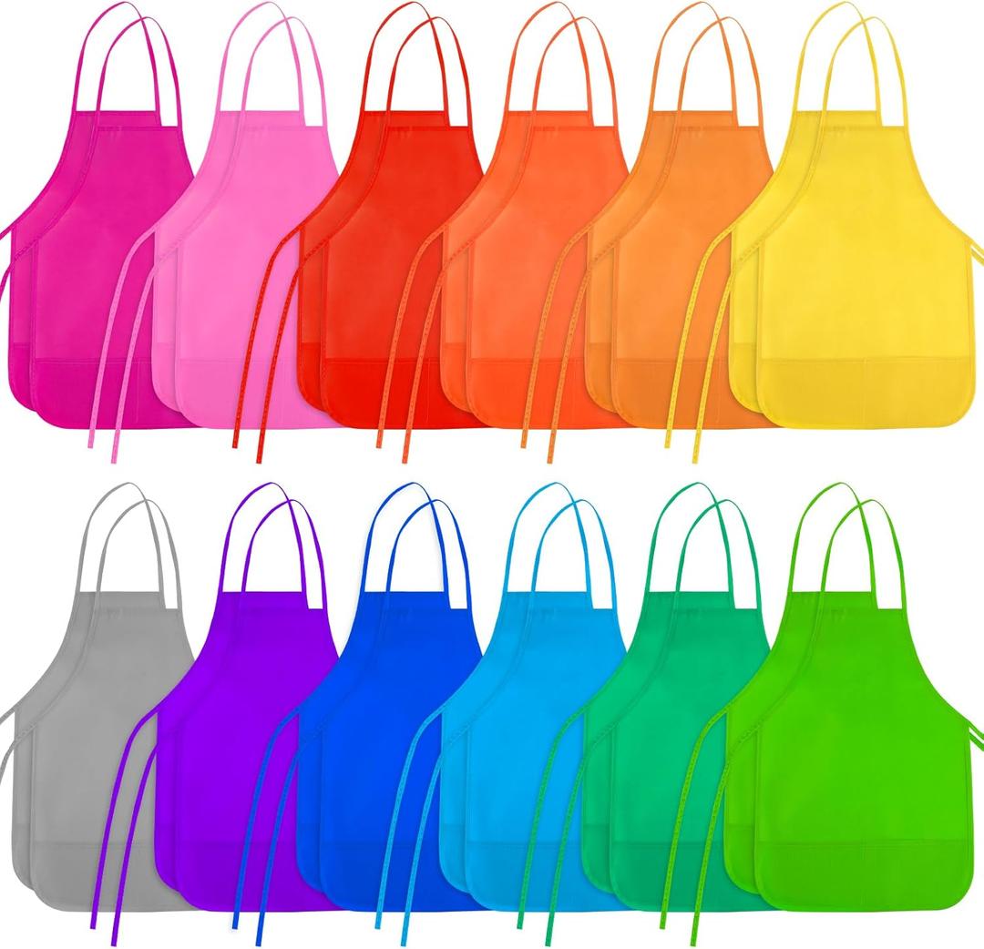 Kids Painting Aprons 24 Pieces 12 Colors Kid Art Apron with 2 Roomy Pockets Kids Aprons for Art Painting Activity Kitchen Crafts (Multicolor)