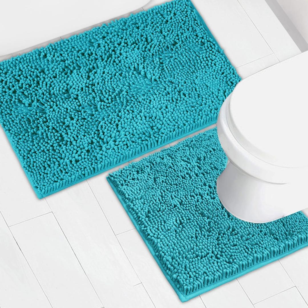 Bathroom Rugs Chenille Bath mat 2 Piece Set, Super Absorbent, Strong PVC Non Slip Backing, Bath mats for Bathroom, Plush Shaggy, Thick, Machine Washable, Bathtub, Toilet.(Turquoise)
