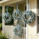 4 Pcs Small Blue Daisy Flower Hanging Wreaths for Cabinets with White Floral Eucalyptus Leaves Lavender Artificial Grains Mini Candle Rings Wreath for Home Front Door Farmhouse Coastal Blue Porch