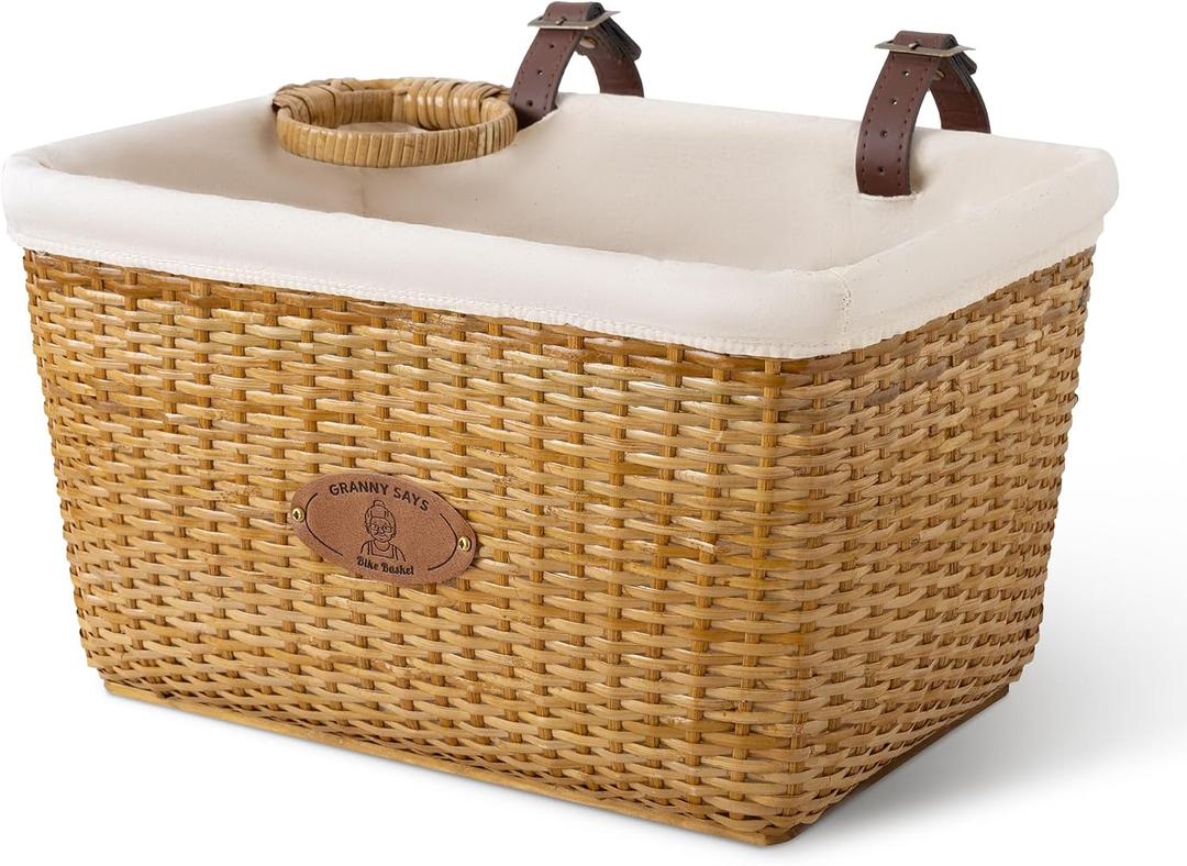 GRANNY SAYS Bike Basket Front with Cup Holder for Women and Men, Natural Rattan Wicker Bike Baskets for Adult Bikes, Basket for Bikes with Liner, Bicycle Baskets for Beach Cruiser