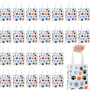 Amylove 24 Pcs Dog Paw Print Canvas Bag with Handles Mini Canvas Tote Bags Puppy Themed Gift Tote Reusable Grocery Luggage Sack Goody for Puppy Dog Cat Birthday Party Supplies 8 x 8.5 Inch Blue