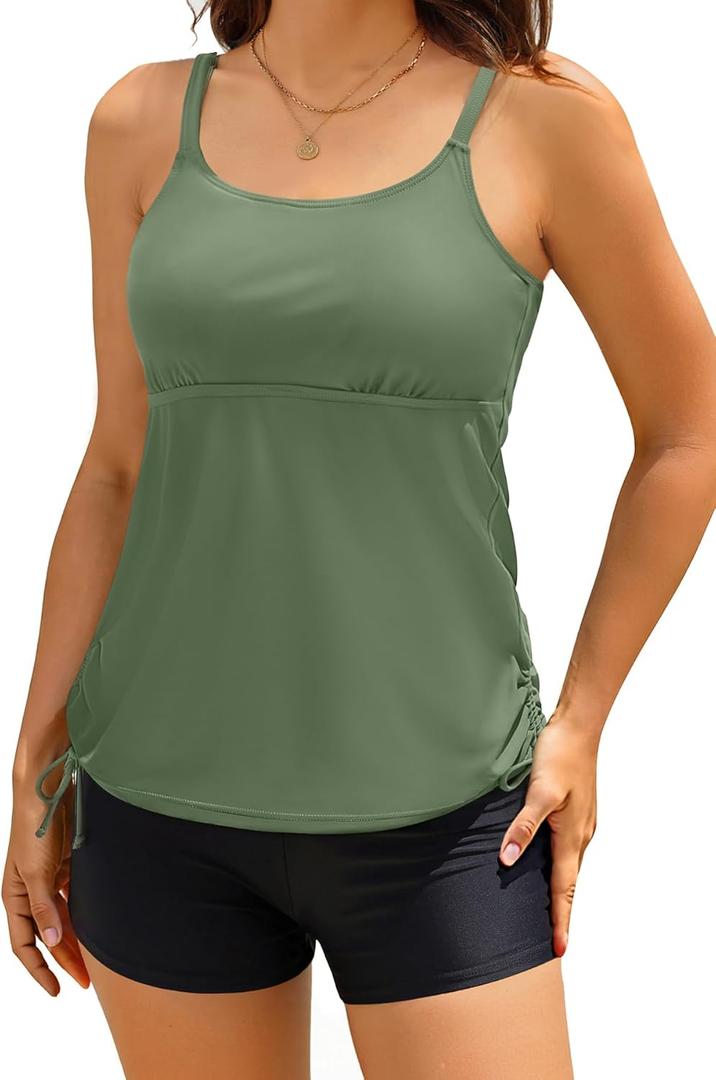 Yonique Two Piece Tankini Swimsuits for Women with Shorts Athletic Bathing Suits Tummy Control Swimwear (Large, Army Green)