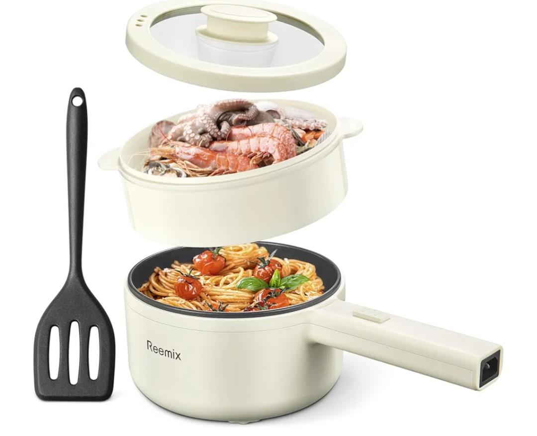 Hot Pot Electric With Steamer, 1.6L Ramen Cooker Non-Stick Sauté Pan for Steak, Egg, Fried Rice, Ramen, Oatmeal, Soup, Portable Personal Perfect Suit Dorm Room and Apartment (White)