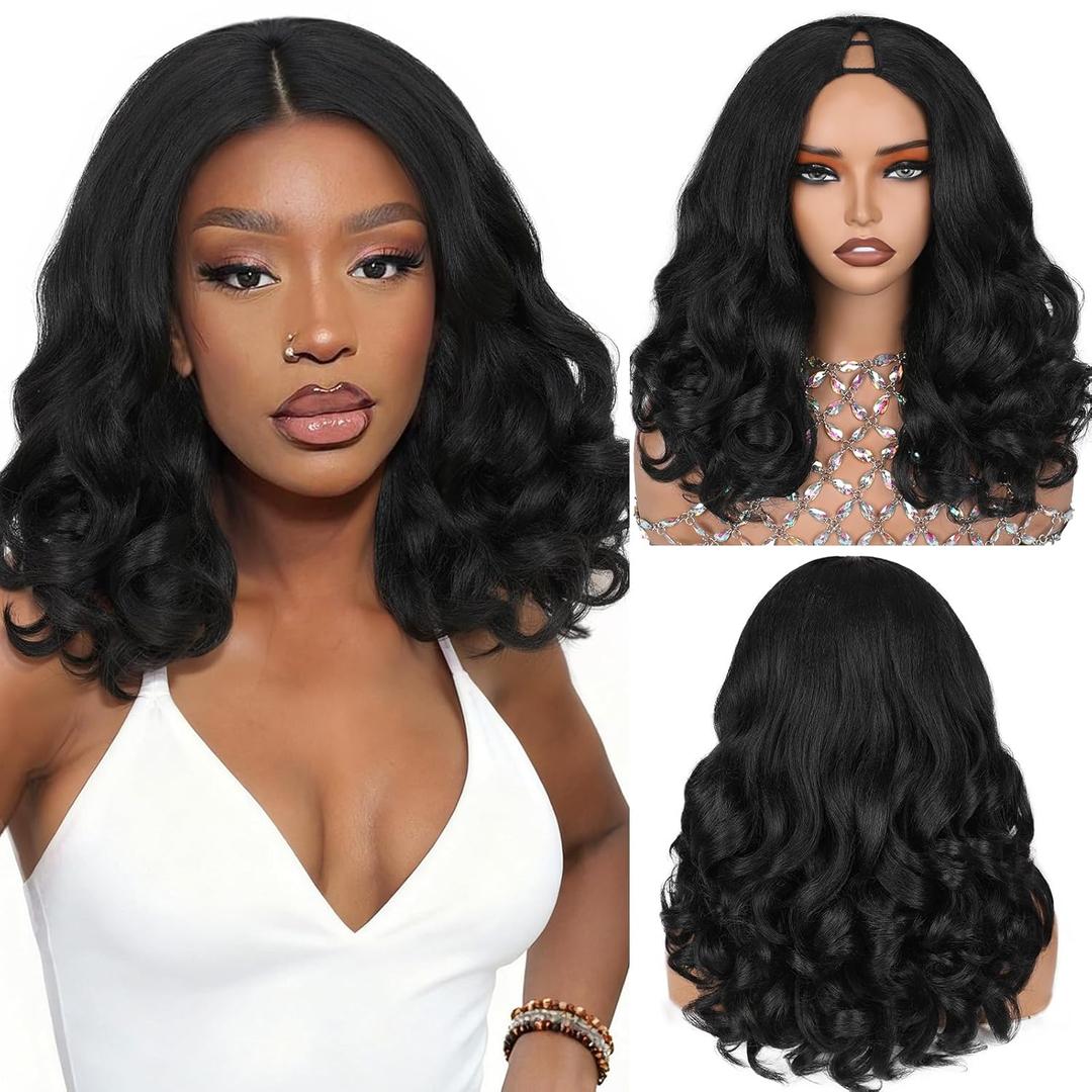 HANNE Yaki Curly V Part Wig U Part Synthetic Half Wigs for Black Women 18 Inch Half Wig Heat-Resistant Hair Replacement Wig(Natural Black)