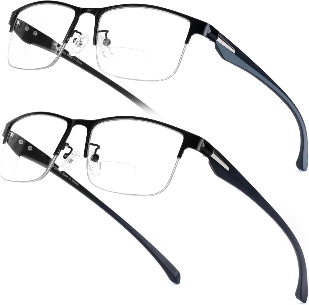2 Pack Mens Premium Bifocal Reading Glasses, TR90 Temples Blue Light Blocking Near/Far Dual-use Computer Readers Anti UV/Eye Strain Quality Half Frame Eyeglasses for Men, 2x
