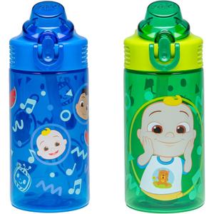 Zak Designs CoComelon Sage Kids Water Bottle For School or Travel, 16oz Durable Plastic Water Bottle With Straw, Handle, and Leak-Proof, Pop-Up Spout Cover, 2-Pack Set (JJ & Cody)