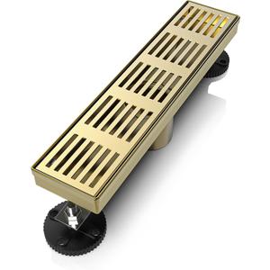 12 Inch Linear Shower Drain Rectangular Floor Drain with Accessories Fence Pattern Cover Grate Removable SUS304 Stainless Steel Watermark&CUPC Certified Brushed Gold