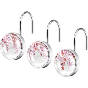12 Pcs Pink Eucalyptus Shower Curtain Hooks - Decorative Shower Curtain Hooks Rings Set - Stainless Steel Round Resin Shower Rings Hangers for Modern Bathroom Home Bath Room Rods Decor