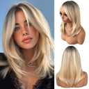 Ombre Blonde Wigs for Women Long Layered Wig with Bangs 16 Inch Straight Layered Synthetic Wig with Curtain Bangs Long Blonde Wig with Dark Roots Medium Length Hair Wigs for Girls Daily Party Use